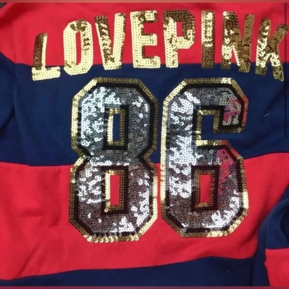 PINK VS STRIPE RED/ BLUE 86 BLING HOODIE L - Picture 2 of 5